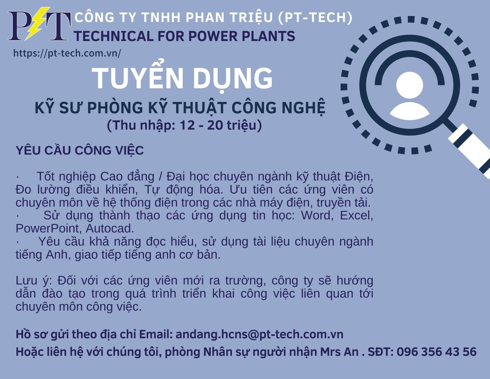PT-Tech tuyển dụng kỹ sư phòng kỹ thuật công nghệ